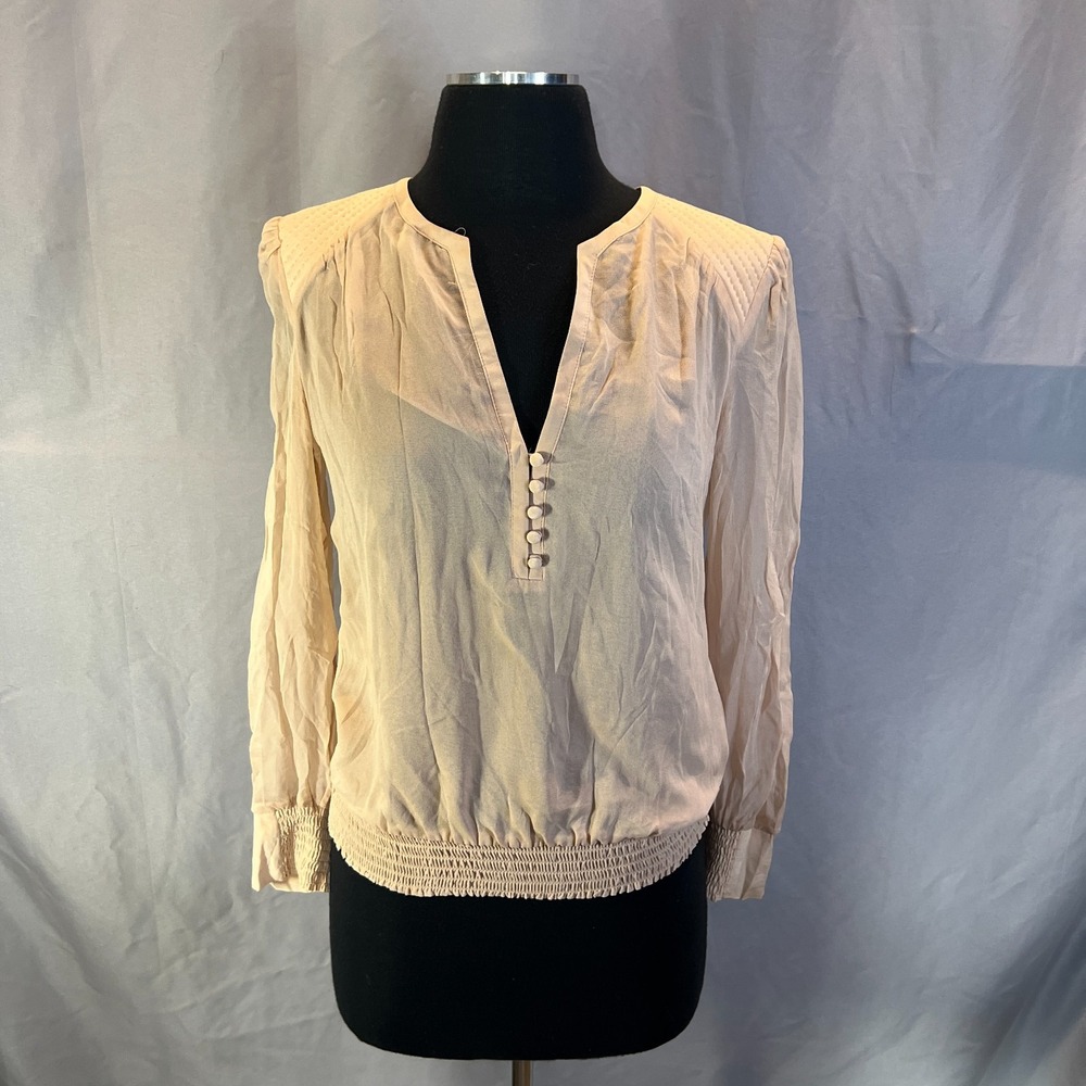 Bebe Blouse Top Womens Small Beige Lightweight Smocked Elasticized Bubble Hem